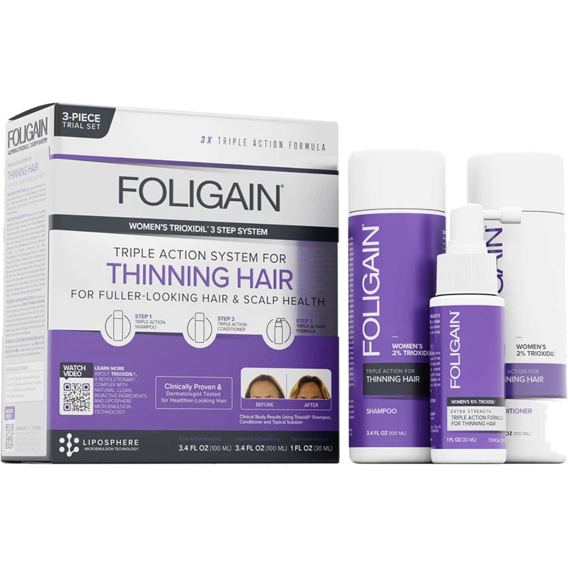 Flash Sale 🤩 Foligain 3 Pc. Trial- 👩 Women's Triple Action Complete System For Thinning Hair 😍